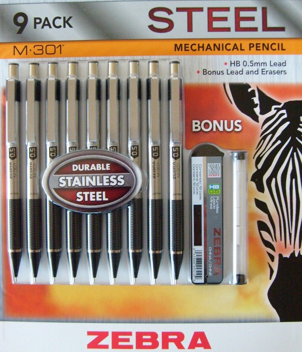 New 9pk Zebra M-301 Stainless Steel Mechanical Pencil -- US Delivery